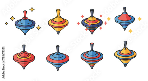 Colorful spinning tops with geometric designs and vibrant patterns