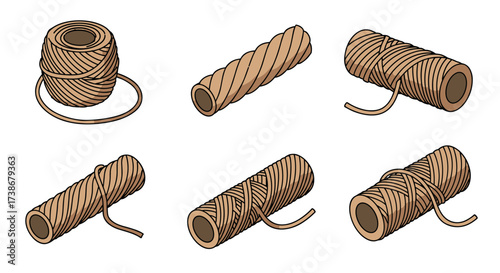 Various twine and rope illustrations on white background