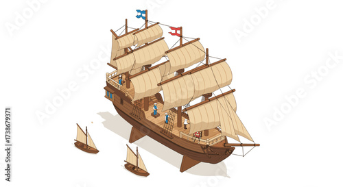 Isometric sailing ship with sails and small boats on white background