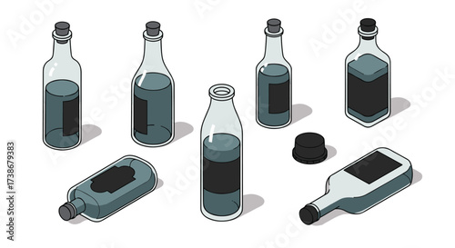 Collection of isometric empty glass bottles with black labels on a white background