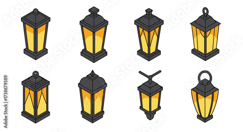 Collection of eight vintage lantern designs in isometric style