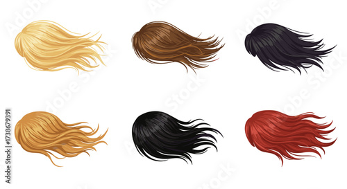 Diverse hair set with flowing styles in various colors on white background