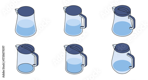 Isometric water pitcher collection with six different lid designs