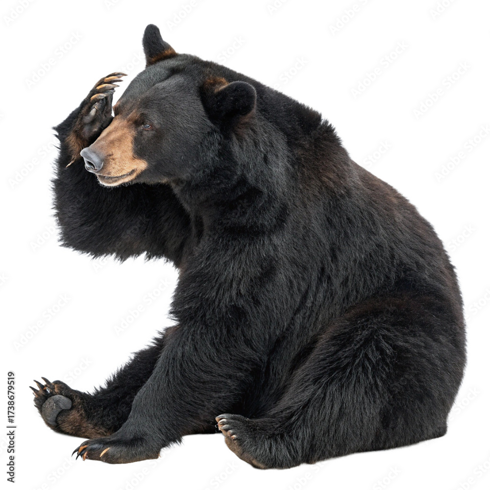 Fototapeta premium Curious black bear sits thoughtfully, paw raised to forehead, contemplating nature's mysteries. 