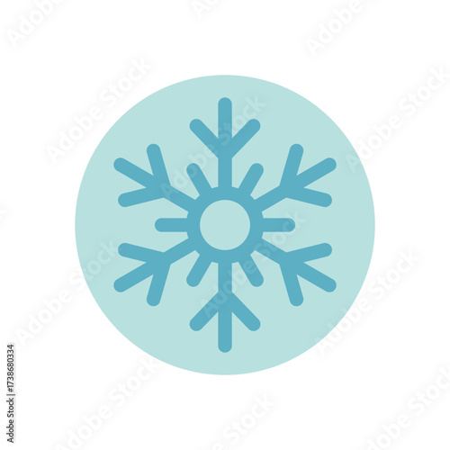 Blue snow flake circle label with cold winter icon. Ice symbol on outline decoration, chill xmas element. Ideal for package use, festive and clean for holiday package or box seal.