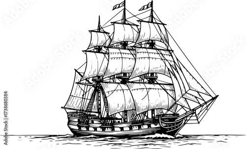 Old sailing ship with tall masts hand-drawn maritime vector sketch
