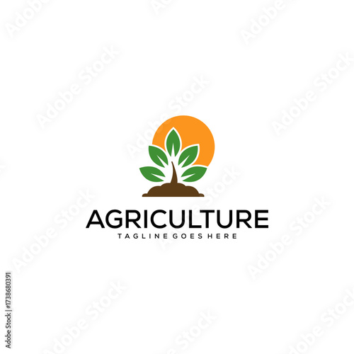 Agricultural growth logo featuring vibrant leaves sun and fertile soil symbolising sustainability