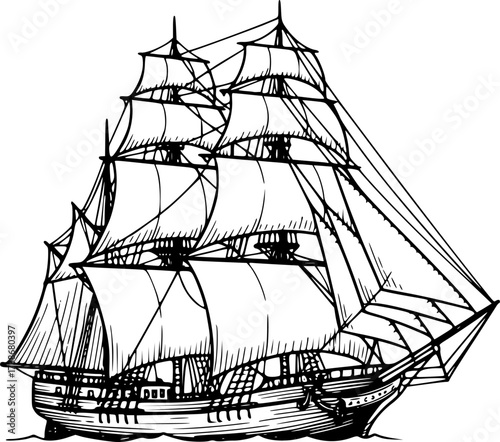 Old sailing ship with tall masts hand-drawn maritime vector sketch
