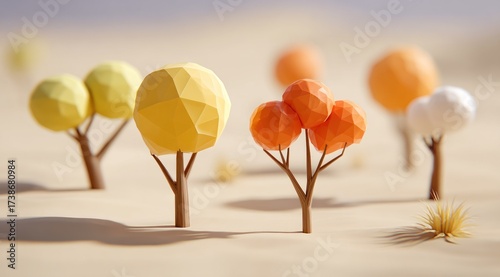 A whimsical desert scene with polygonal trees in various autumn colors, on a sunny day
