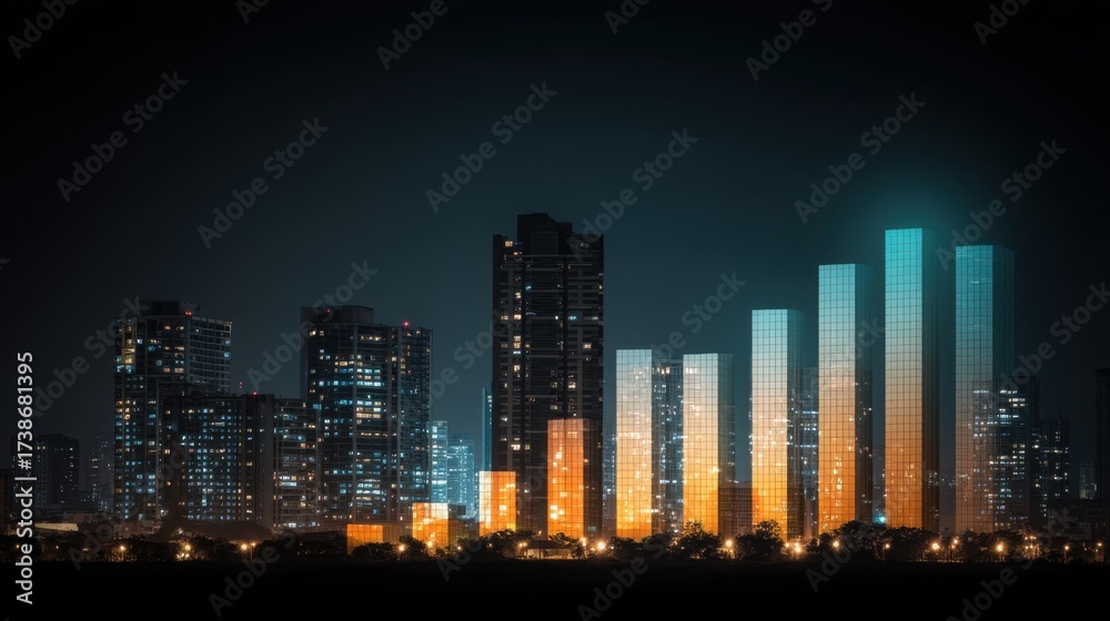 Obraz premium Urban skyline at night with glowing modern buildings and city lights reflecting vibrant colors on a clear starry night