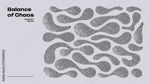 Balance of chaos vector background with many amorphous black shapes made of small dots on a light gray background. Stipple noise gradient texture.