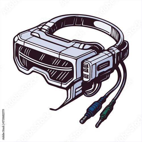 Detailed vector illustration of futuristic VR headset with cables. Retro cyberpunk style design with mechanical details and clean line art. Conceptual vector illustration isolated on white background