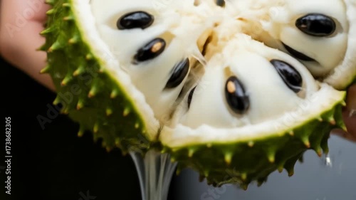 Hand Opening Exotic Fruit: Revealing Juicy White Flesh and Seeds