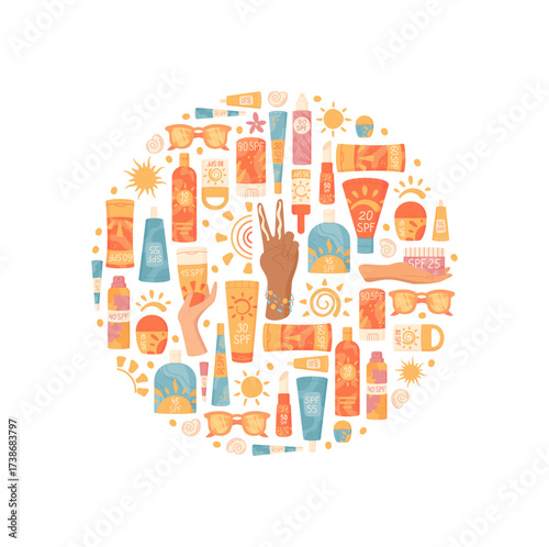 Cartoon sunscreen bottle, lotion, cream, spray, and tube in round collection shape. Spf sunblock, concept product banner design, summer care, cosmetic sun concept, isolated on white background.