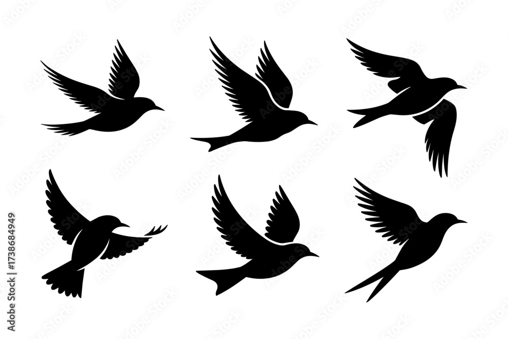 Obraz premium Birds silhouettes vector set, Collection of black isolated of flying birds seagulls against a white background, Beautiful bird flying silhouette set of vector, USA national birds silhouettes - Eagles,