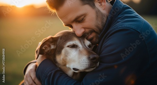 A man lovingly embraces his elderly dog at sunset.  Warm golden light bathes the scene.  Close-up, focusing on affection and connection