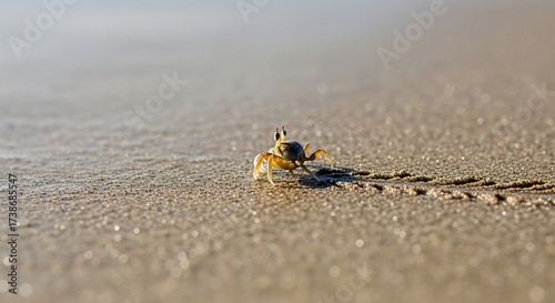 A small, pale crab scuttles across a sun-drenched beach, leaving a faint trail in the wet sand.  