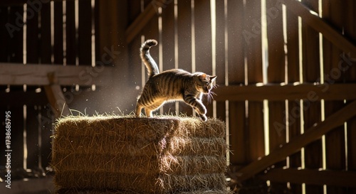 A tabby cat leaps onto a hay bale in a sunlit barn