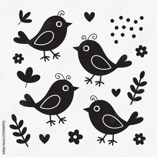 A cute cartoon vector illustration set of birds and flowers shows a funny spring pattern with an owl and baby animals on a branch