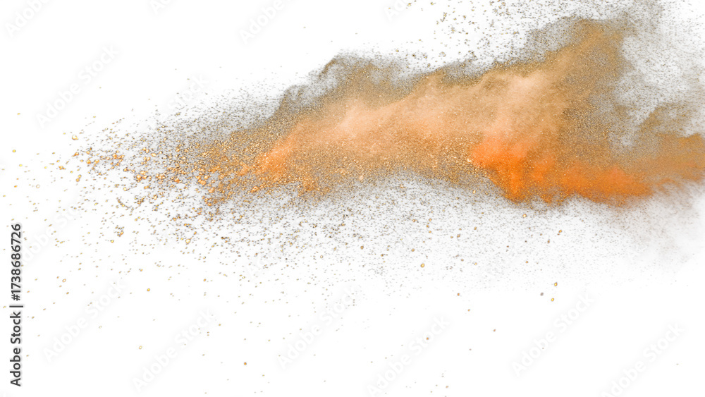 Fototapeta premium Orange powder dust cloud overlay PNG isolated on transparent background
