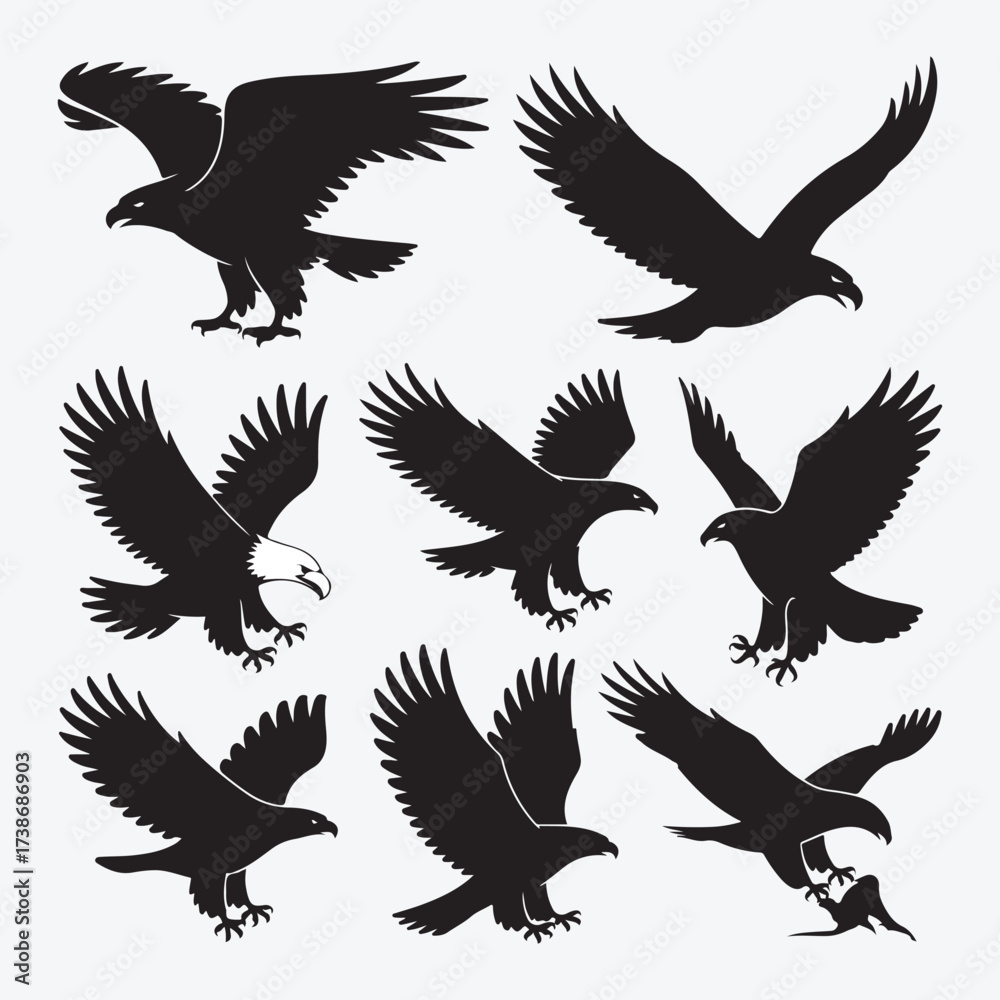 Obraz premium Majestic eagle silhouettes in flight various poses dynamic bird wings spread