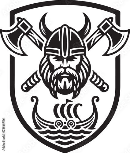 Fierce Viking Head Shield Emblem with Axes and Longship