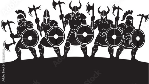 Line of Powerful Viking and Spartan Warriors Silhouette