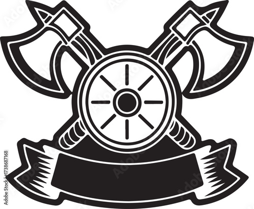 Crossed Firefighter Axes and Spoked Wheel with Banner