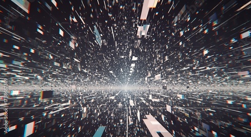 Fototapeta Naklejka Na Ścianę i Meble -  Abstract digital tunnel with fragmented, geometric shapes moving towards a central light source