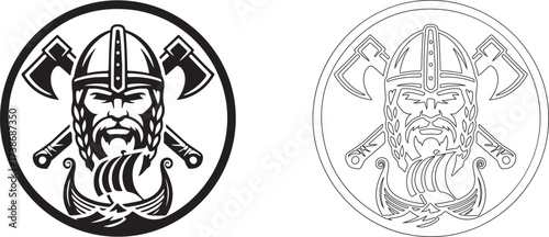 Fierce Viking Head Mascot with Crossed Axes and Longship