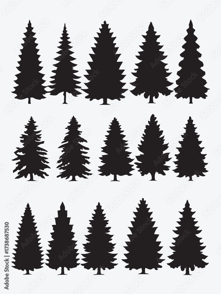 Obraz premium Collection of diverse evergreen pine trees silhouetted for design and nature themes