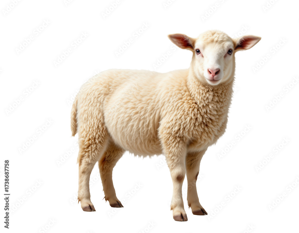 Obraz premium Cute fluffy sheep standing on Transparent background in natural pose