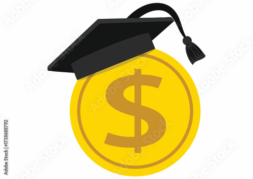 Flat illustration of a graduation cap on a gold coin with a dollar sign against a white background.