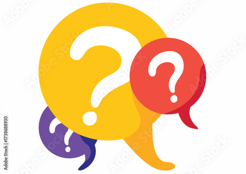 Colorful speech bubbles with question marks on a white background.