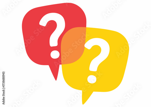 Two overlapping speech bubbles, one red and one yellow, each containing a white question mark.