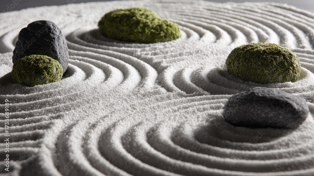 Obraz premium Mini zen garden on slate, close-up of swirling sand patterns and mossy stones in perfect calm.