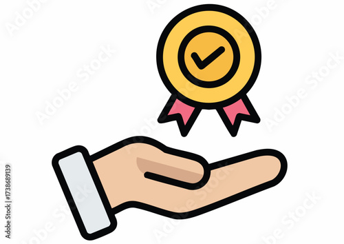 Cartoon hand presenting a gold award badge with a checkmark on a white background