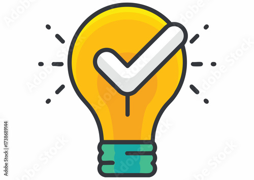 A glowing lightbulb with a checkmark, symbolizing a successful idea.