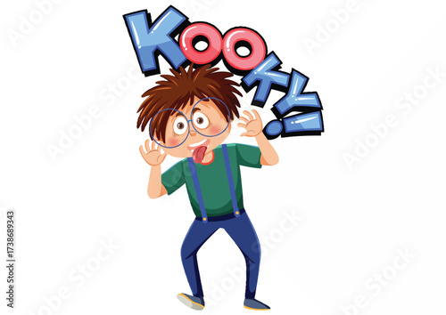 A cartoon boy with glasses and tongue sticking out, displaying a kooky expression.