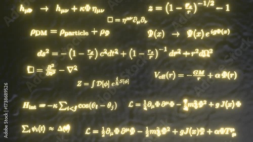 The math science formula concept animation of gravity well, entanglement, event horizon, gravitational redshift, path integral coupling, multidimensional time, contribution to cosmic complementarity.