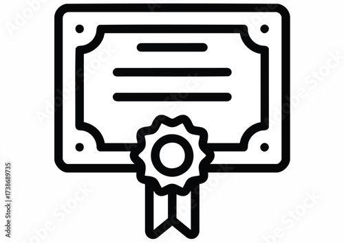 A black and white line drawing of a certificate with a ribbon and seal.