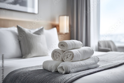Cozy hotel room with neatly stacked white towels on a bed, near a window