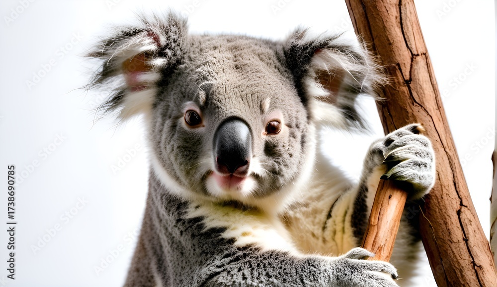Obraz premium Close up portrait of a cute koala clinging to a tree branch