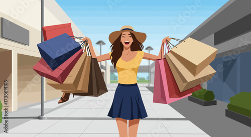 Joyful woman shopping with multiple shopping bags outdoors on a sunny day at a modern shopping
