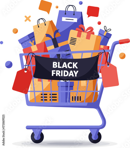 Vibrant Black Friday shopping cart filled with diverse gifts and merchandise