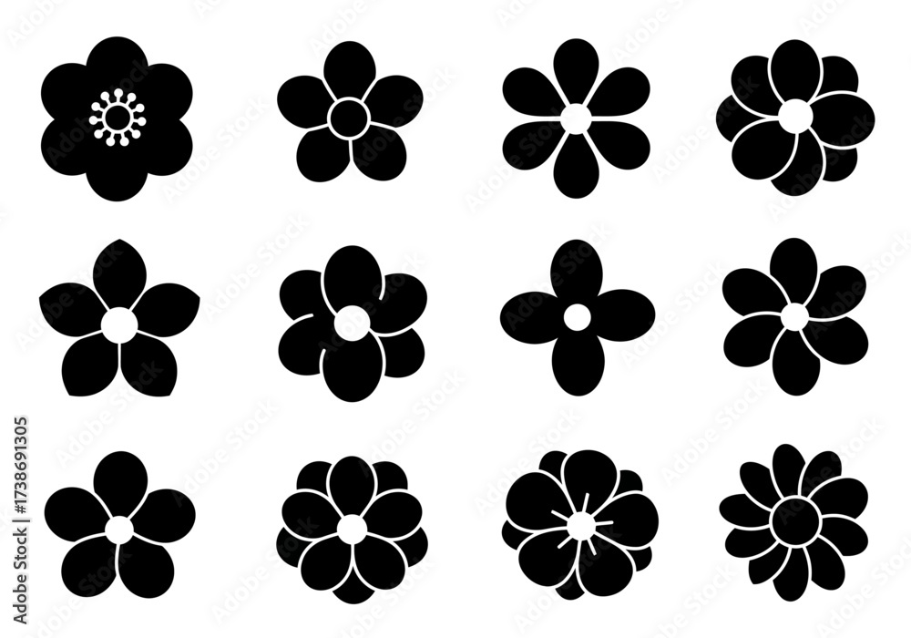 Fototapeta premium Groovy hippy daisy flowers set. hand drawn decorative elements. flowers silhouette. flower icon. Vector illustration
