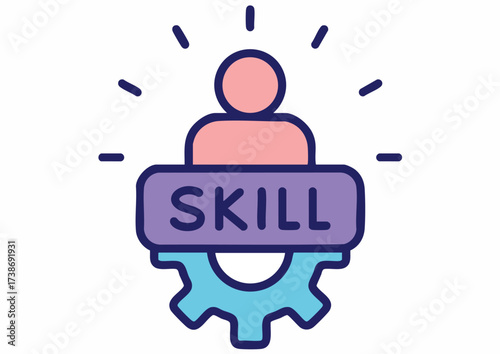 Icon depicting a person above the word "SKILL" which sits on a gear.