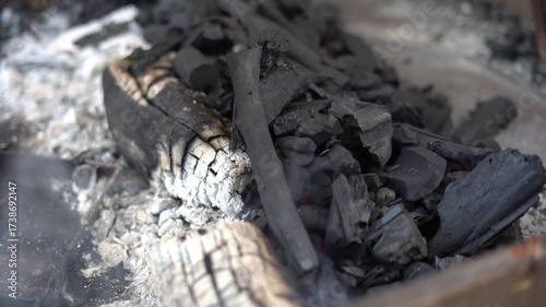 close up of charcoal burning in barbecue