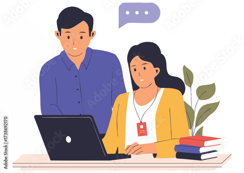 Two colleagues collaborating on a project, using a laptop, and sharing ideas.