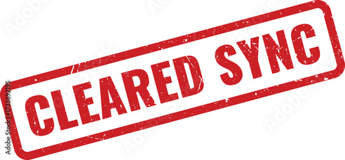 Red cleared sync rubber stamp with distressed texture on a white background, indicating successful data synchronization